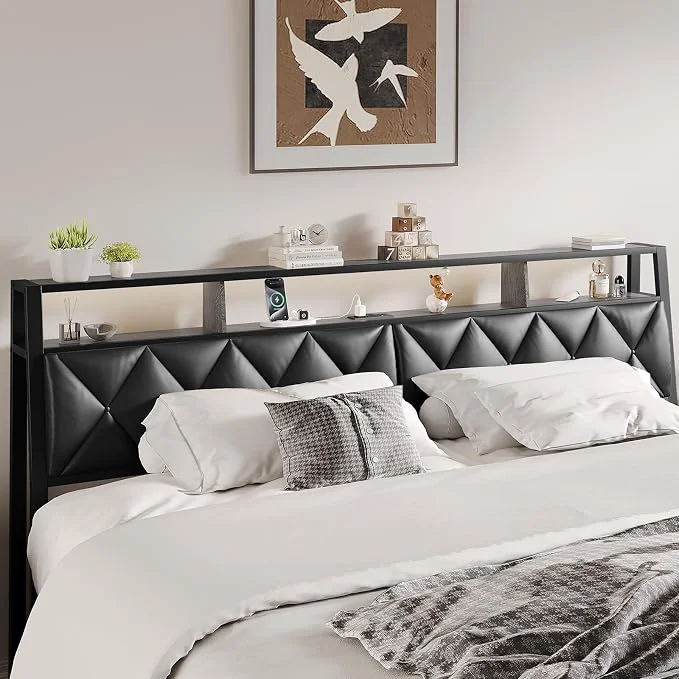 Practical Full Headboard Only Headboard for Full Size Bed with Storage Upholstered Headboards with LED Lights amp Charging Station Attach Frame I for Bedroom Dorm Guest Room Black Faux Leather Fast