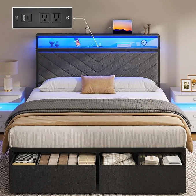 Modern Fluest Full Bed Frame with 2 Drawers Upholstered Headboard with Storage and Charging Station LED Lights Fabric Drawers with Wheels Under Bed Storage No Box Spring Needed Easy Assembly Grey Reliable