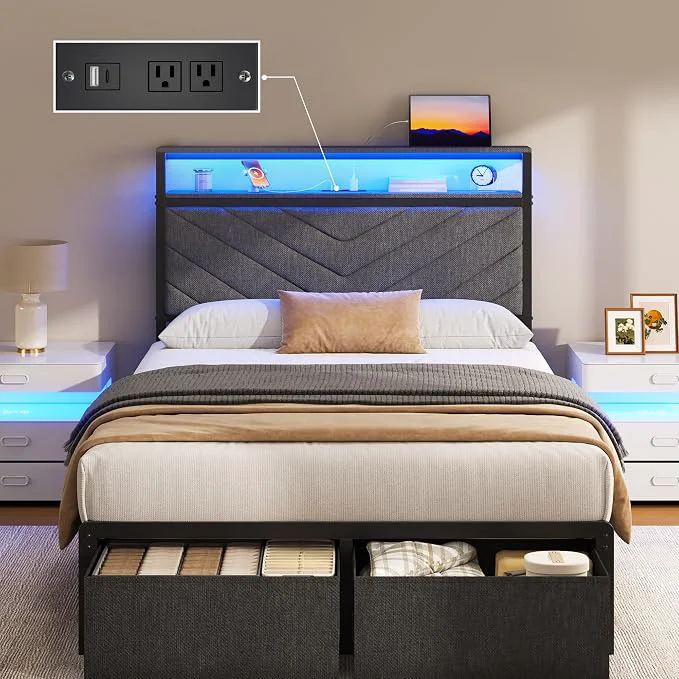 Elegant Fluest Twin Bed Frame with Storage Drawers Upholstered Headboard with Charging Station LED Lights Fabric Drawers with Wheels Under Bed Storage No Box Spring Needed Easy Assembly Grey Flexible