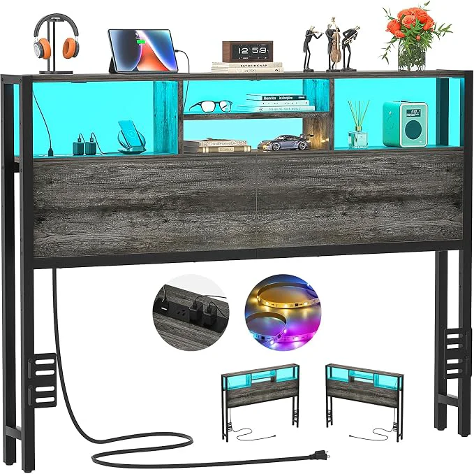 Exclusive Aheaplus Headboard for Full Size Bed with Storage Headboards with Outlets Full Size Head Board Only with USB Ports and LED Light Height Adjustable Reversible Sturdy amp Stable Headboard Black Oak Unique