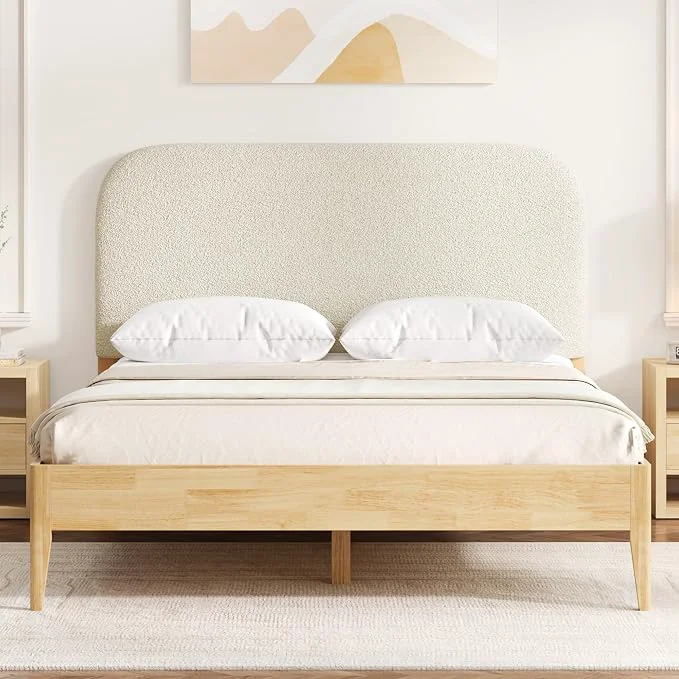 Dependable KISLOT Wood Bed Frame with USB amp Type-C Boucle Headboard Oat Queen Platform Bed Mattress Foundation No Box Spring Needed Easy Assembly Refined