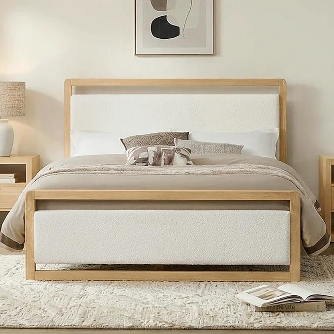 Authentic KISLOT Wood Bed Frame with USB Headboard amp Footboard Cream Full Mattress Foundation Strong Wooden Slat Support Noise- No Box Spring Needed Easy Assembly Secure