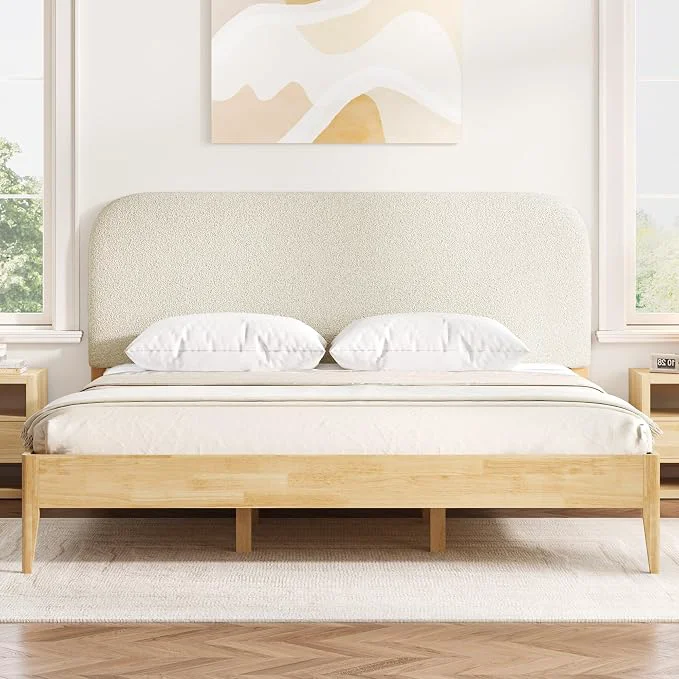 High-End KISLOT Wood Bed Frame with USB amp Type-C Boucle Headboard Oat King Platform Bed Mattress Foundation No Box Spring Needed Easy Assembly Proven