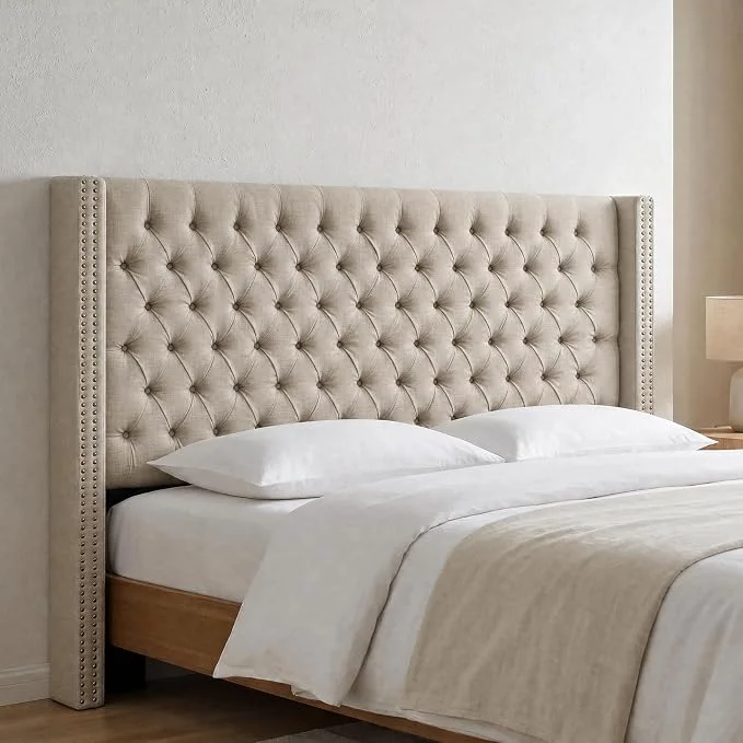 Clean Madison Park King Wingback Upholstered Tufted Headboard Featuring High-Density Sponge Padding Adjustable Height Headboard Easy Assembly Beige Woven Effective