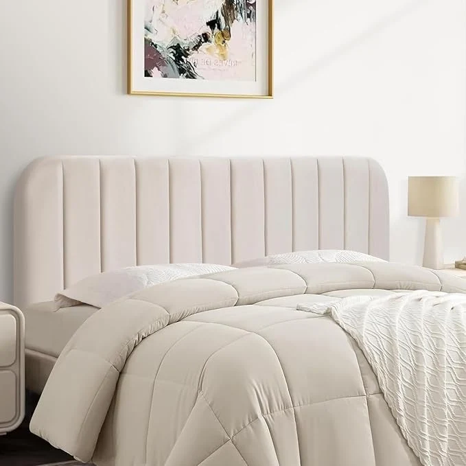 Crafted Queen Headboard Only – Upholstered Headboard for Bed Easy Assembly Velvet Covered Sponge Place Between Bed amp Wall Adjustable Metal Legs with Non-Slip Pads Beige Elite