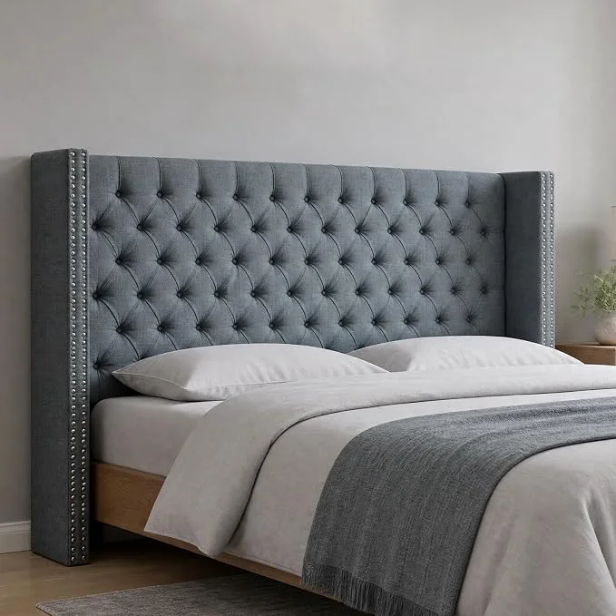 Eco-Friendly Madison Park Queen Wingback Upholstered Tufted Headboard Featuring High-Density Sponge Padding Adjustable Height Headboard Easy Assembly Dark Grey Woven Innovative