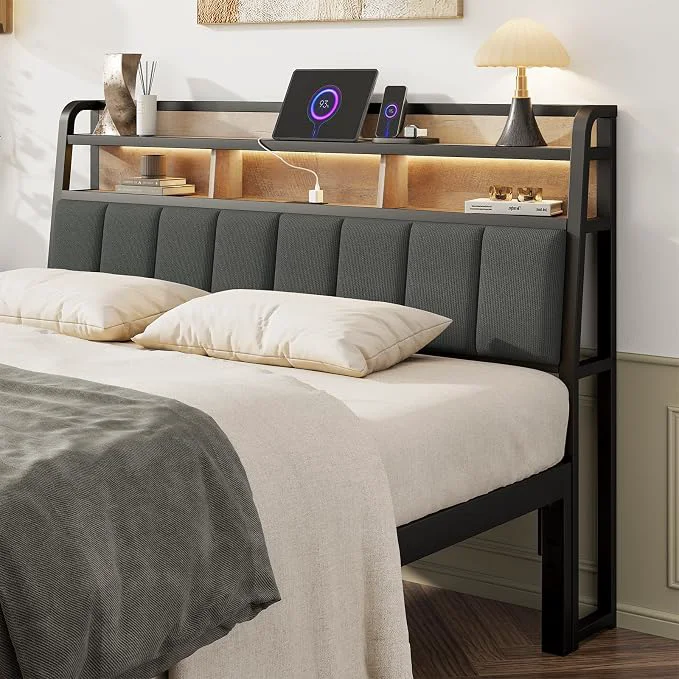 World-Class Queen Headboard Only with Storage Upholstered Headboards for Queen Size Bed with LED Light Charging Station Height Adjustable Sturdy and Stable Headboard Black amp Brown Responsible