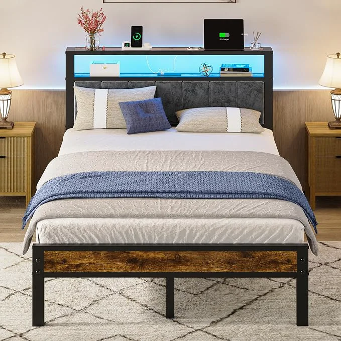 Modern Liians Full Size Bed Frame with LED Lights Charging Station Platform Bed with Grey Upholstered Headboard 2-Tier Storage Shelf Noise No Box Spring Needed Reusable