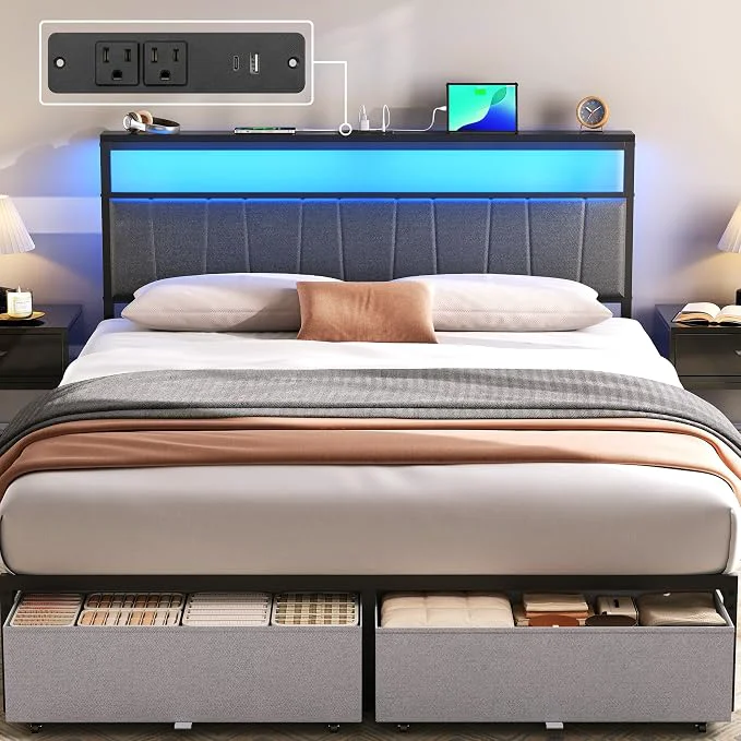 Dependable Queen Bed Frame with Storage Drawers and Charging Station Grey Upholstered Platform Bed with LED Lights Headboard Storage Shelf Noise Metal Support No Box Spring Needed Sustainable