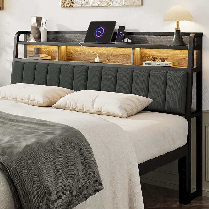Convenient King Headboard Only with Storage Upholstered Headboards for King Size Bed with LED Light Charging Station Height Adjustable Sturdy and Stable Headboard Black amp Grey Trusted