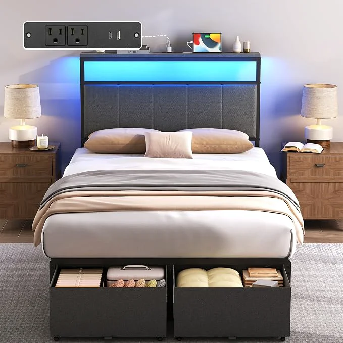 Minimalist Twin Bed Frame with 2 Storage Drawers Grey Upholstered Headboard with Charging Station and LED Lights Metal Platform Bed with Storage Shelf Noise No Box Spring Needed Secure