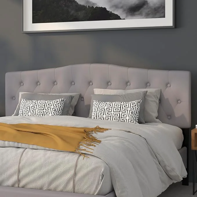 Fine EMMA OLIVER Arched Button Tufted King Size Headboard in Light Gray Fabric Original Design