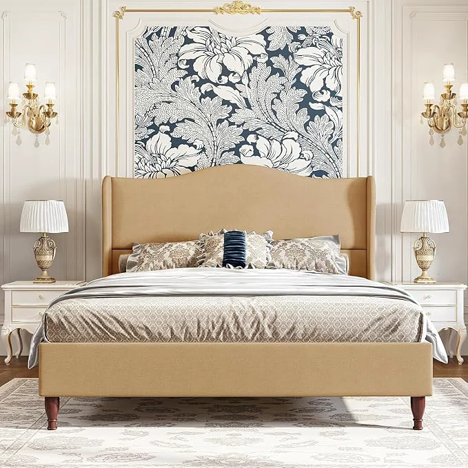 Safe koorlian Queen Upholstered Bed Frame with 51 39 39 Tall Headboard Warm Brown Reinforced Platform Bed Easy Assembly Soft Fabric Sleigh Wingback Solid Wood Retro Legs Noise- Classic amp Simple Powerful