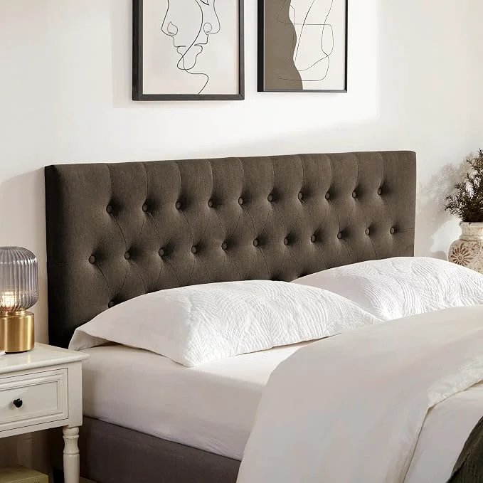 Unique Tufted Upholstered Headboard King Size Adjustable Height 37- 51 in Brown Sturdy and Durable Solid Wood Bed Headboard Fabric King Headboard Only Modern Button Diamond Design Head Board