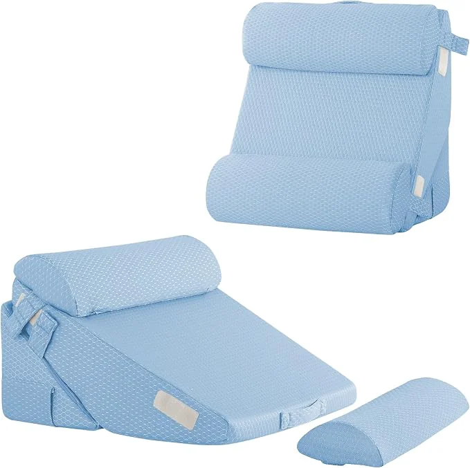 Eco-Friendly Adjustable 4pcs Bed Wedge Pillow Set Memory Foam Wedges Pillow Post Surgery for Back Neck Leg Pain Relief Pillows Wedge for Sleeping Sitting up in Bed Acid Reflux and GERD Light Blue Top-Quality