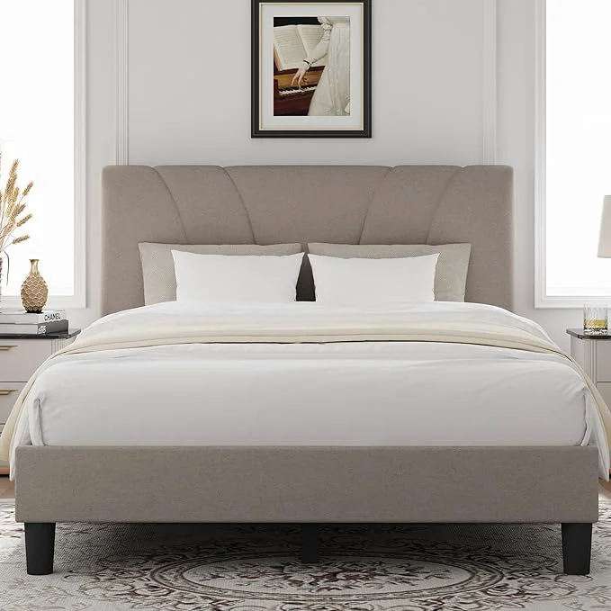 Innovative Novilla King Size Bed Frame with Adjustable Headboard Platform King Bed Frame Linen Fabric Upholstered Headboard No Box Spring Needed Noise- Wooden Slats Support Easy Assembly Beige Secure