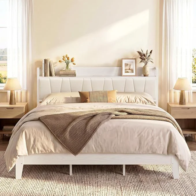 Elite LIKIMIO King Bed Frames PU Leather Storage Headboard with Charging Station Solid and Stable Noise No Box Spring Needed Easy Assembly White Exclusive