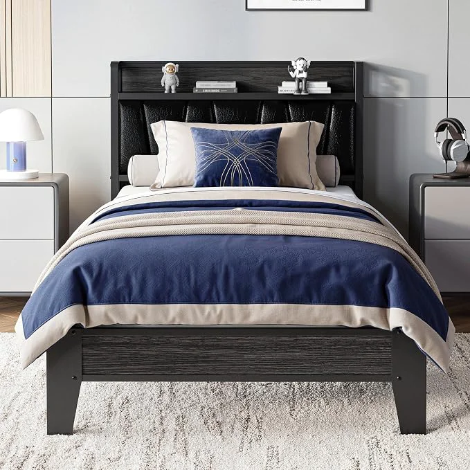 Sophisticated LIKIMIO Twin XL Bed Frames PU Leather Storage Headboard with Charging Station Solid and Stable Noise No Box Spring Needed Easy Assembly Black Crafted