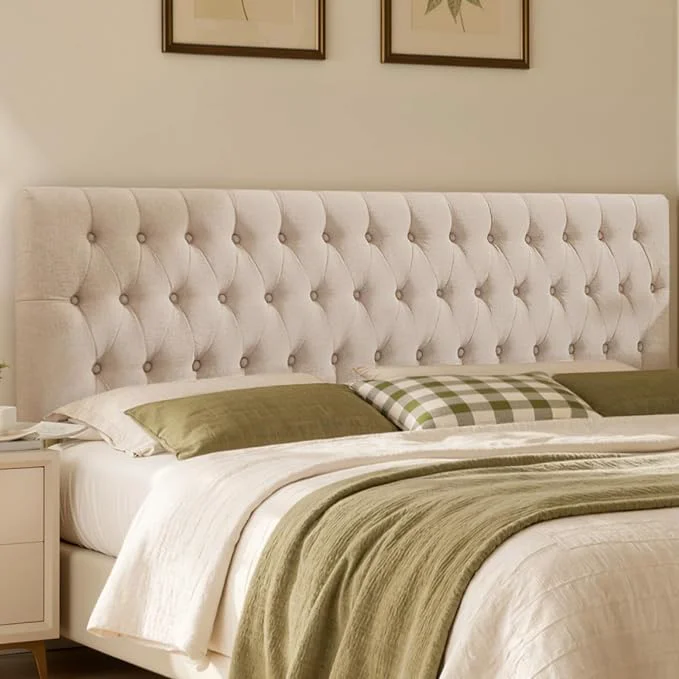 Clean Tufted Upholstered Full Size Bed Headboard in Modern Button Design Adjustable Solid Wood Head Board Premium Linen Fabric Padded Headboards in Bedroom Beige Artisan