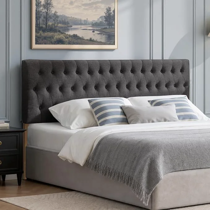 Fast Tufted Upholstered King Size Bed Headboard in Modern Button Design Adjustable Solid Wood Head Board Premium Linen Fabric Padded Headboards in Bedroom Dark Grey Premium Material