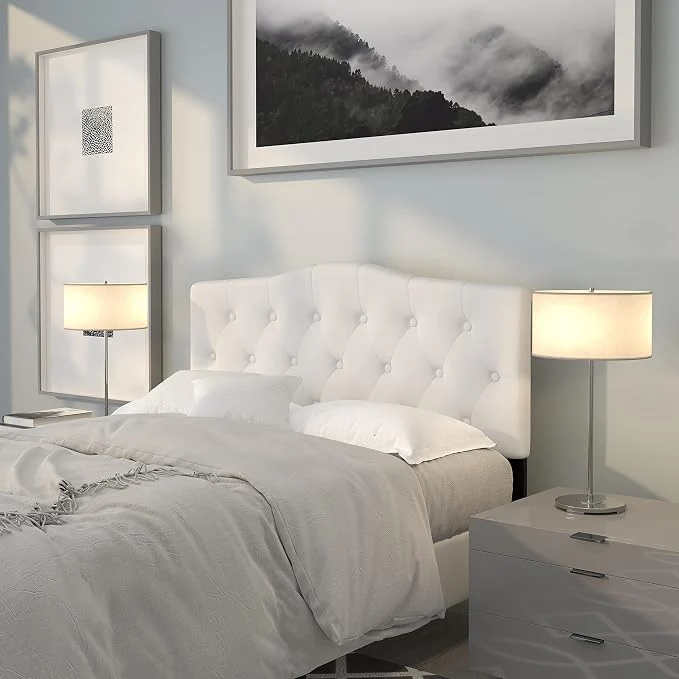 Detailed EMMA OLIVER Tufted Upholstered Full Size Headboard in White Fabric Outstanding