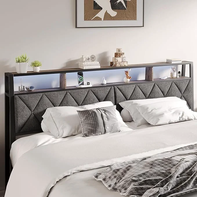 Pure Full Headboard Only Headboard for Full Size Bed with Storage Upholstered Headboards with LED Lights amp Charging Station Attach Frame I for Bedroom Dorm Guest Room Dark Grey amp Brown Superior