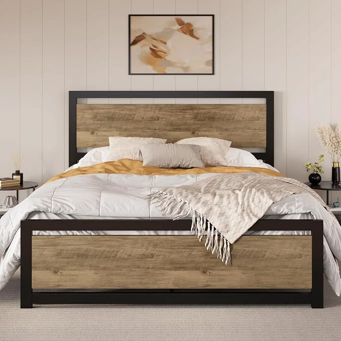 Smooth SHA CERLIN Heavy Duty Full Size Bed Frame with Modern Headboard Brown Platform Metal Base with Square Footboard and 13 Strong Slats Support No Box Spring Needed Breathable
