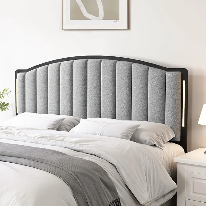 Functional Headboard for Full Size Bed with LED Lights Upholstered Vertical Channel Tufting Head Boards Linen Fabric Bed Headboard Only Attach Frame I for Bedroom Dorm Guest Room Grey Organic