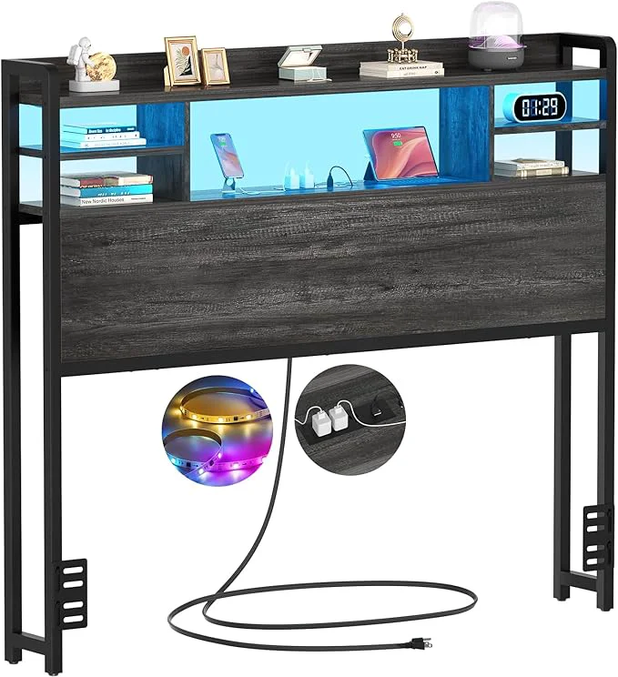 Durable Aheaplus Headboard for Twin Size Bed with Storage Headboards with LED Light Power Outlets USB Ports Twin Size Head Board Wood headboard Only Sturdy and Stable Headboards Modern Black Oak Exclusive