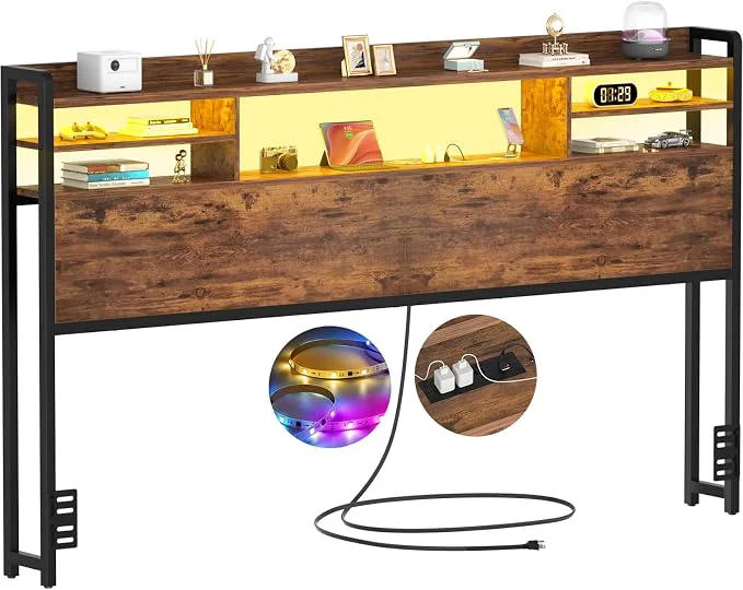 High-Quality Aheaplus Headboard for King Size Bed with Storage Headboards with LED Light Power Outlets USB Ports King Size Head Board Wood headboard Only Sturdy and Stable Headboards Modern Rustic Brown Sophisticated