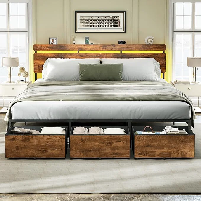 Elegant Forestell King Size Bed Frame with Wood Headboard 3 Storage Drawers amp Shelf Built-in Charging Station amp LED Lights Metal Support No Box Spring Needed noise- easy assembly Smart RGB USB Type-C Optimized