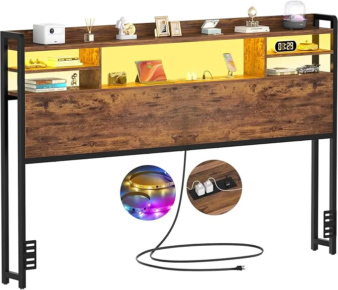 Breathable Aheaplus Headboard for Queen Size Bed with Storage Headboards with LED Light Power Outlets USB Ports Queen Size Head Board Wood headboard Only Sturdy and Stable Headboards Modern Rustic Brown First-Class