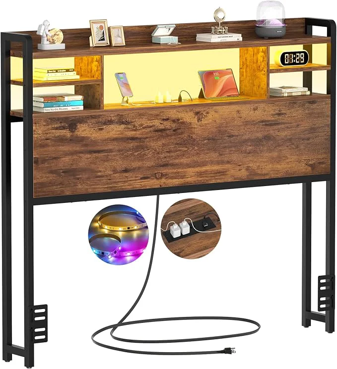 Quality Aheaplus Headboard for Twin Size Bed with Storage Headboards with LED Light Power Outlets USB Ports Twin Size Head Board Wood headboard Only Sturdy and Stable Headboards Rustic Brown First-Class