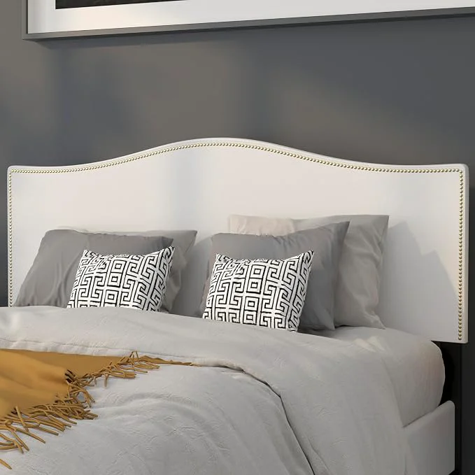 High-End EMMA OLIVER Upholstered Queen Size Headboard with Nailtrim in White Fabric High-Performance
