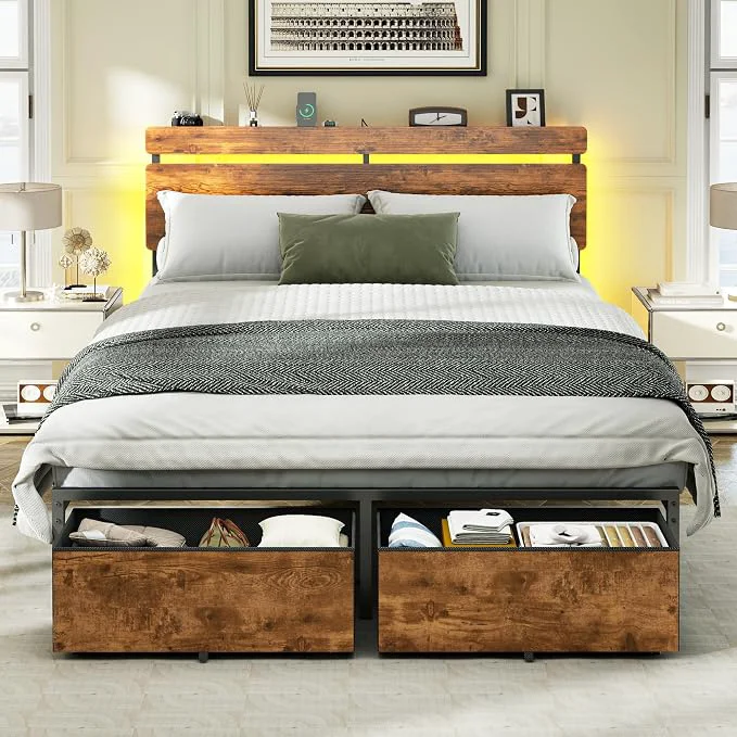 High-End Forestell Full Size Bed Frame with Wood Headboard 2 Storage Drawers amp Shelf Built-in Charging Station amp LED Lights Metal Support No Box Spring Needed noise- easy assembly Smart RGB USB Type-C Practical