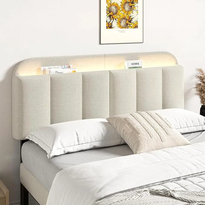 Convenient Adjustable Headboard for Full Queen Size Bed Frame Linen Fabric Bed Headboard with Storage amp RGB LED Light in Modern Vertical Channel Design White High-Grade