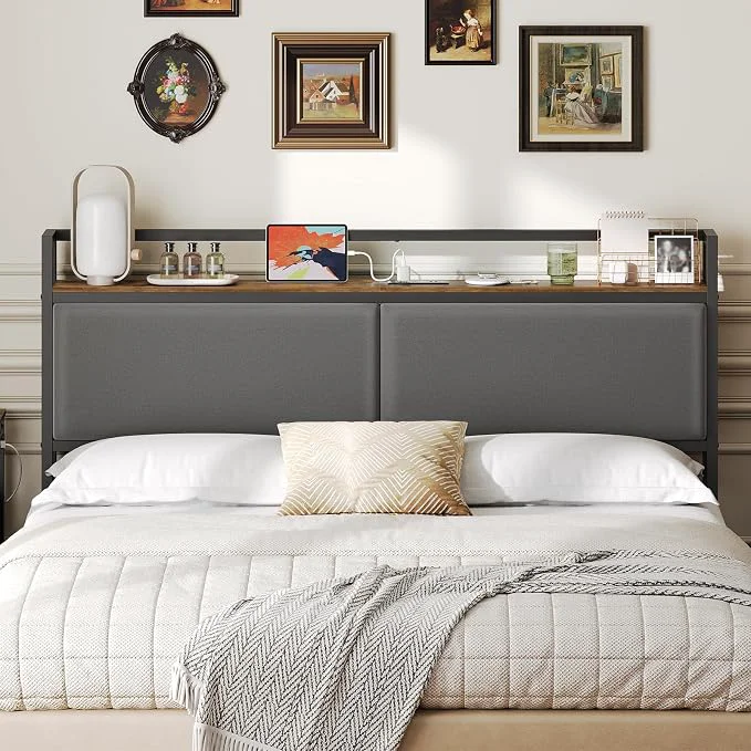 Outstanding Queen Size Headboard Only with Storage Shelves Upholstered Headboard with Charging Station Height Adjustable Sturdy and Stable Vintage Style Rustic Brown Gray and Black Safe