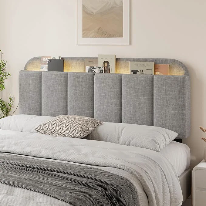 Environmentally Friendly Headboard for Full Queen Size with LED Light Upholstered Bed HeadBoard with Storage Linen Fabric Head Board with Vertical Channel Design Height Adjustable Easy to Assemble Light Grey Recyclable