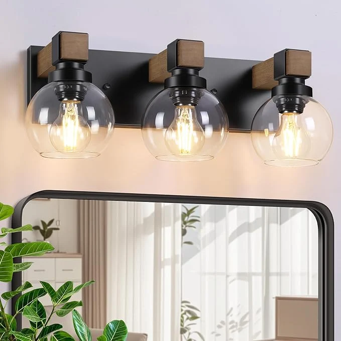 First-Class Farmhouse Bathroom Light Fixtures 3-Light Rustic Wood Bathroom Lights Over Flexible