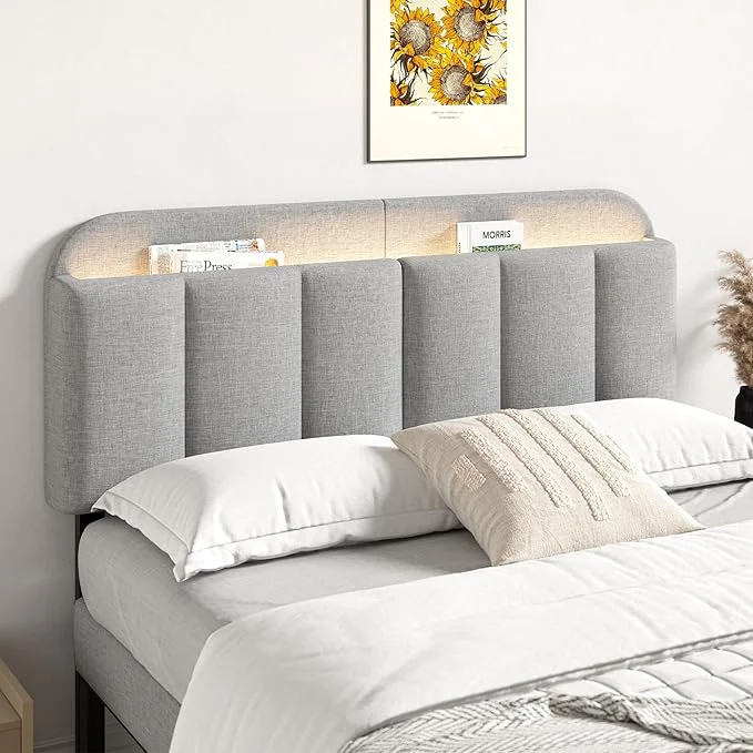 Verified Adjustable Headboard for Full Queen Size Bed Frame Linen Fabric Bed Headboard with Storage amp RGB LED Light in Modern Vertical Channel Design Light Grey Soft