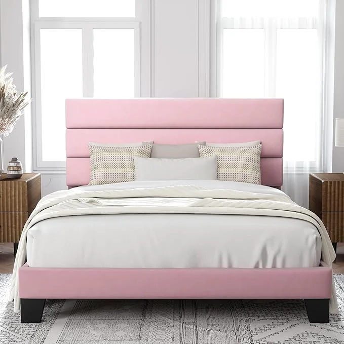 Exclusive Allewie Full Size Platform Bed Frame with Velvet Upholstered Headboard Pink Wooden Slats Support Fully Upholstered Mattress Foundation No Box Spring Needed Easy Assembly Noise- Pink Comfortable
