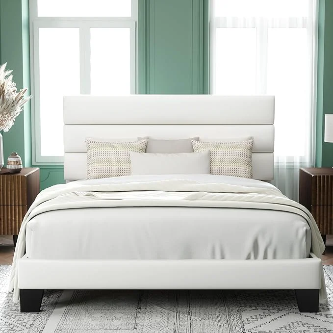 Durable Allewie Queen Size Platform Bed Frame with Velvet Upholstered Headboard Wooden Slats Support Fully Upholstered Mattress Foundation No Box Spring Needed Easy Assembly Noise- White Healthy