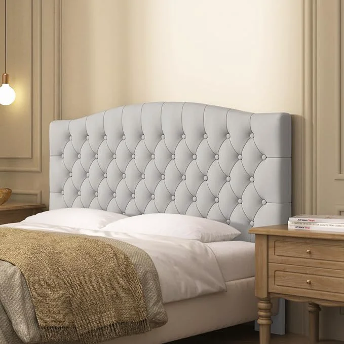 Flexible Furpopup Velvet Queen Size Headboard Only Upholstered Wall Mount Light Gray 2 ways to use Wall-mounted for adjustable bed and bed frame mounted Easy to assemble Classic button design headboard Exclusive