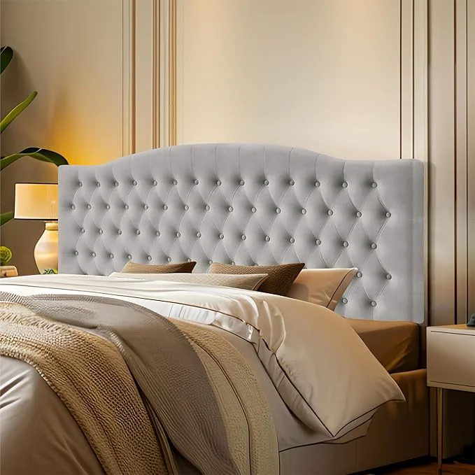 Outstanding Furpopup Velvet King Size Headboard Only Upholstered Wall Mount Silver Gray 2 ways to use Wall-mounted for adjustable bed and bed frame mounted Easy to assemble Classic button design headboard World-Class