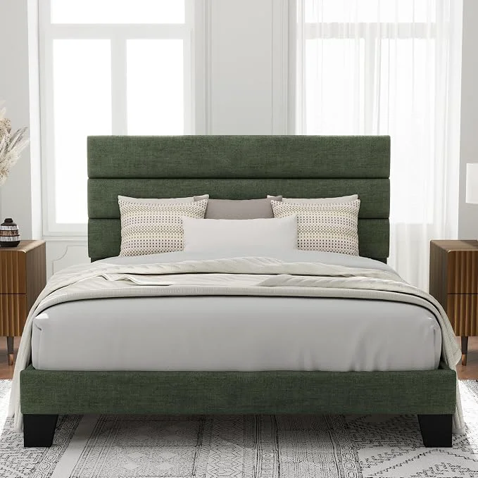 Expertly Made Allewie Queen Size Platform Bed Frame with Fabric Upholstered Headboard and Wooden Slats Support Fully Upholstered Mattress Foundation No Box Spring Needed Easy Assembly Green Verified