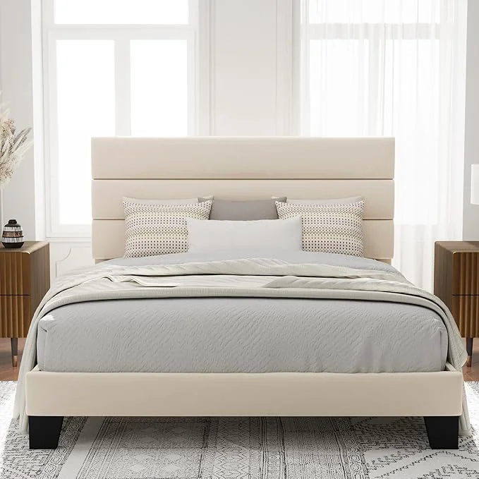 Clean Allewie Full Size Platform Bed Frame with Velvet Upholstered Headboard and Wooden Slats Support Fully Upholstered Mattress Foundation No Box Spring Needed Easy Assembly Cream Top-Quality