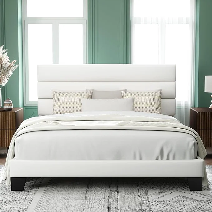 Prestigious Allewie King Size Platform Bed Frame with Velvet Upholstered Headboard Wooden Slats Support Fully Upholstered Mattress Foundation No Box Spring Needed Easy Assembly Noise- White Efficient