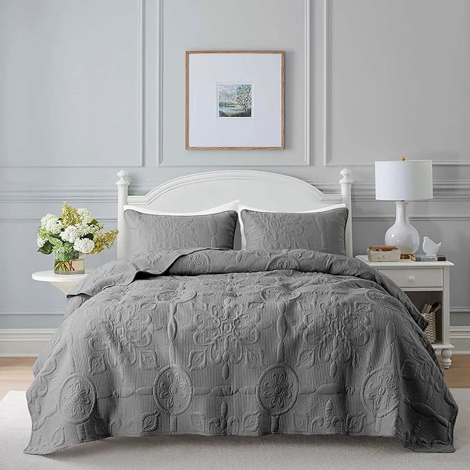 Healthy Dark Grey Damask Quilt California Cal King Size Bedding Sets with 2 Pillow Shams Oversized Boho Bedspread Lightweight Soft Farmhouse Vintage Coverlet Jacquard Bed Cover for All Season 3 Pieces Fast