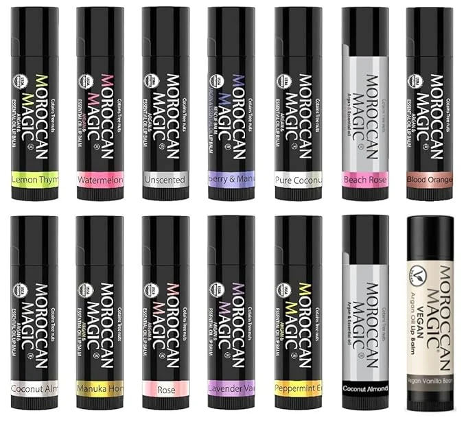 Stylish Moroccan Organic Lip Balm SPF15 14 Piece Variety Pack Gift Set Green