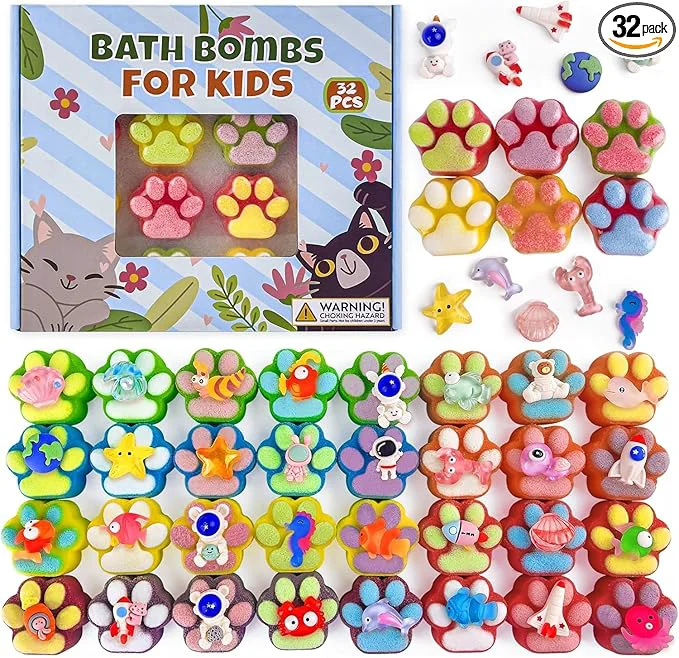 Optimized Bath Bombs for Kids with Surprise Inside 32 Pack Paw Bath Bombs with Toy Fine